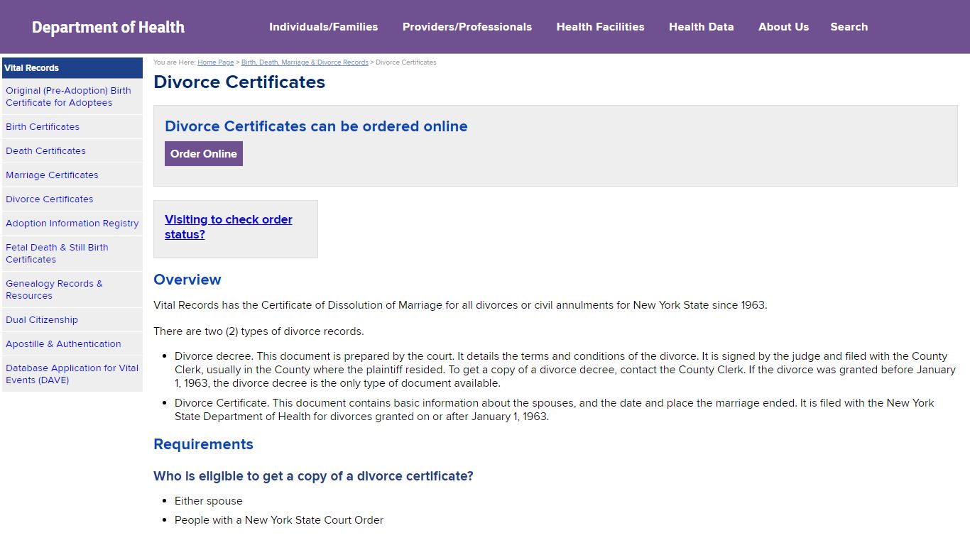 Divorce Certificates - New York State Department of Health